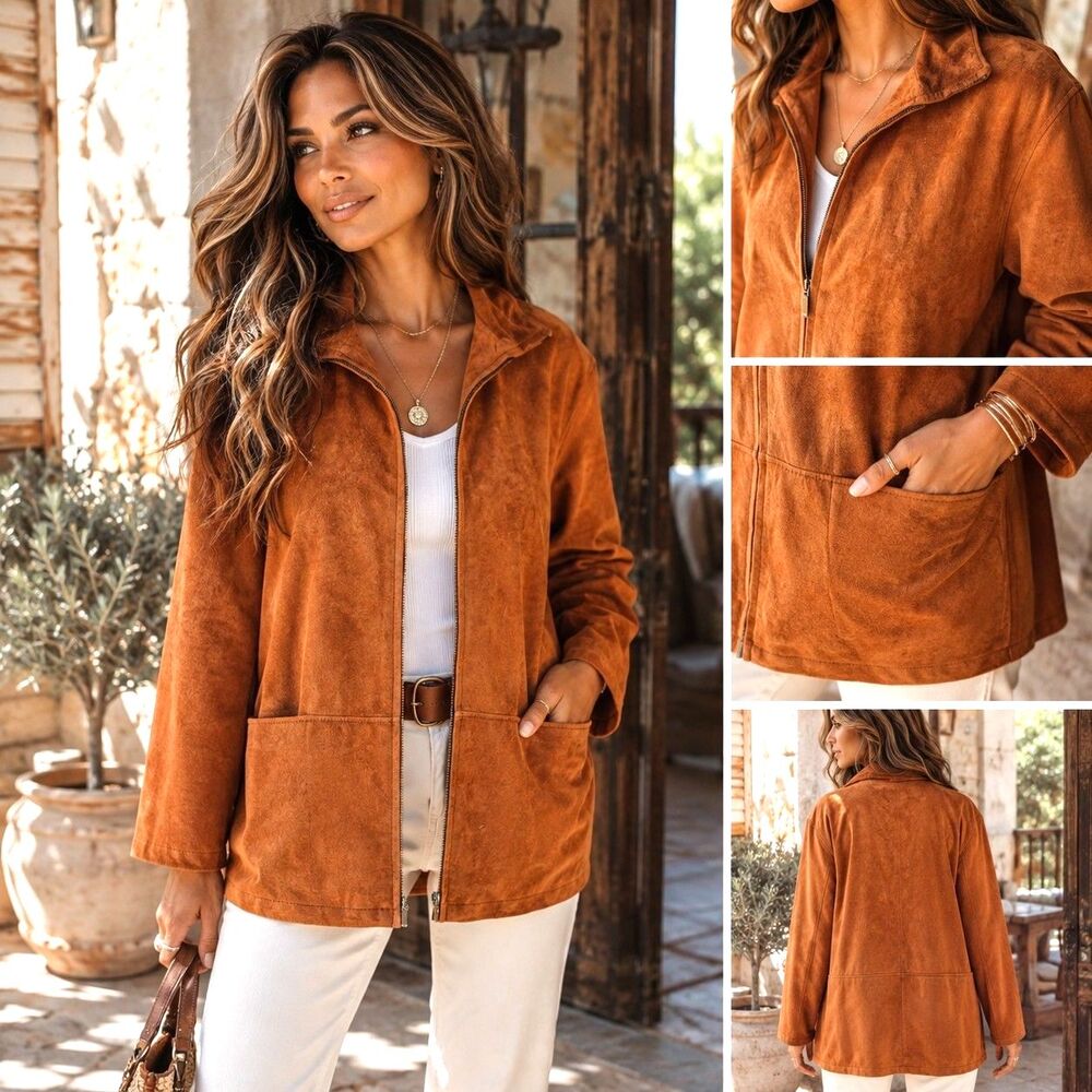 Western Orange Suede Leather L Jacket Zip Longline Barn Coat Boho Minimalist